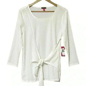 Vince Camuto Textured 3/4 Sleeve Blouse L Ivory Sheer Scoop Neck Tie-Front NWT